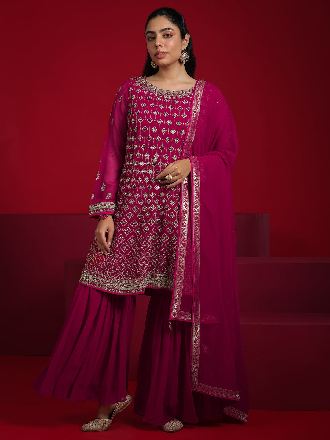  Libas Art Pink Embroidered Georgette A-Line Sharara Suit Set With Dupatta 