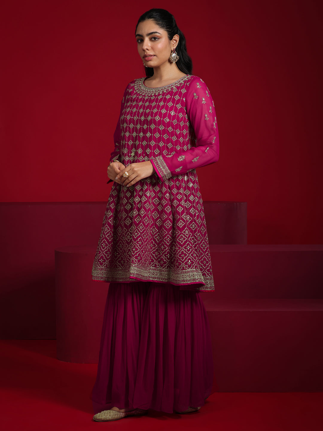  Libas Art Pink Embroidered Georgette A-Line Sharara Suit Set With Dupatta 