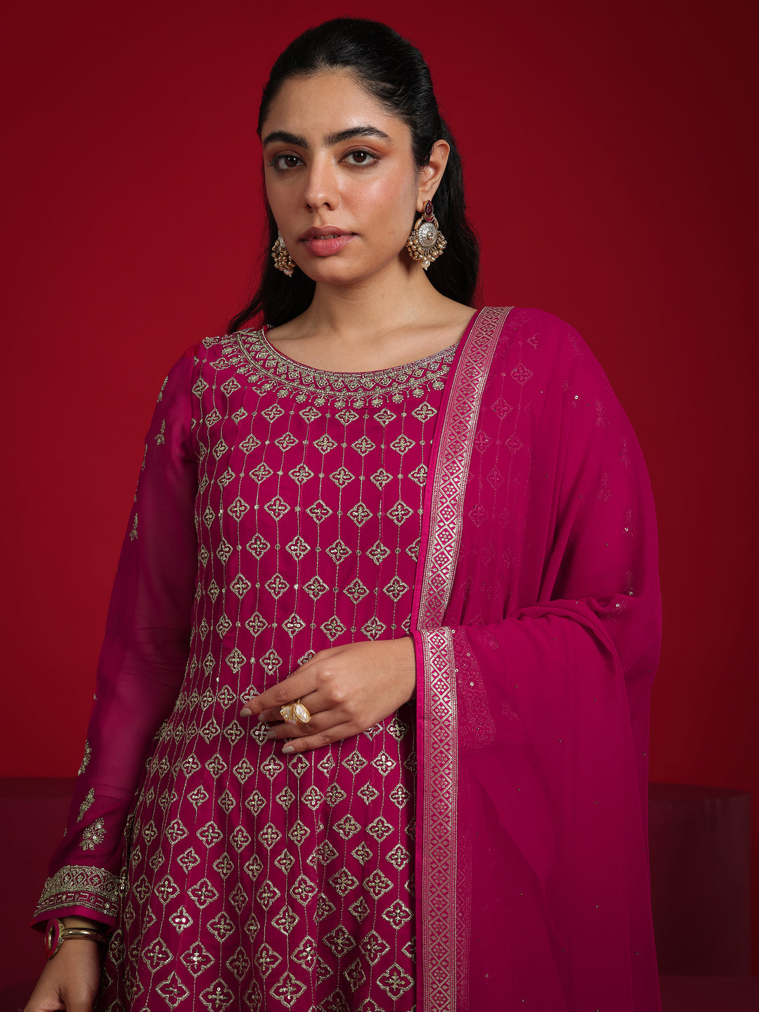  Libas Art Pink Embroidered Georgette A-Line Sharara Suit Set With Dupatta 