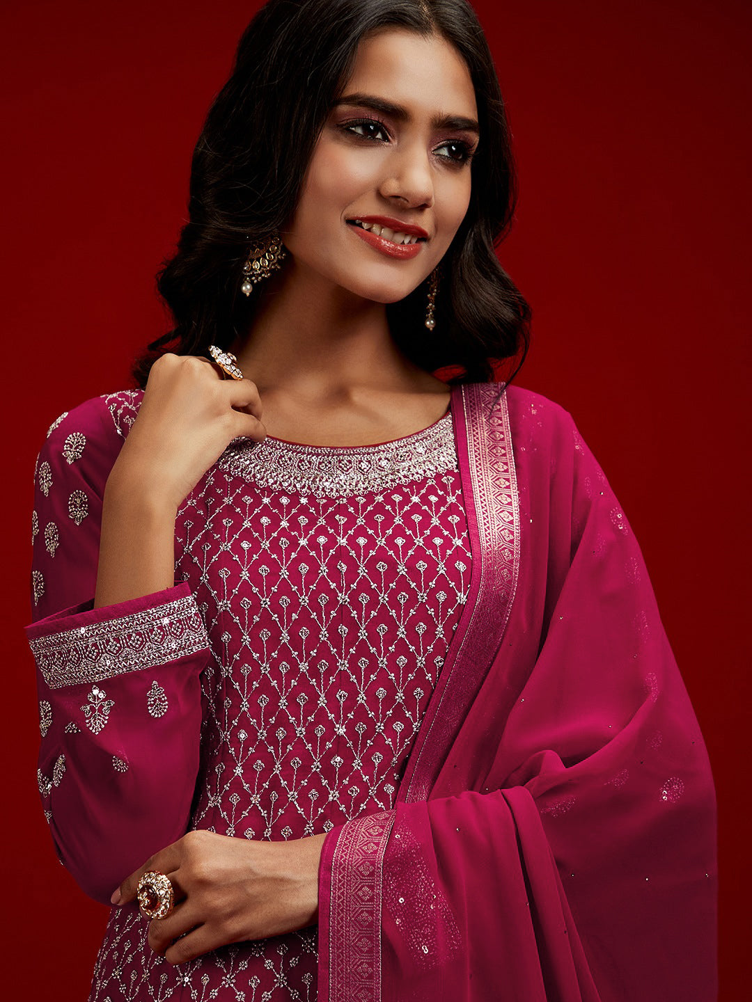  Libas Art Hot Pink Embroidered Georgette A-Line Sharara Suit Set With Dupatta 