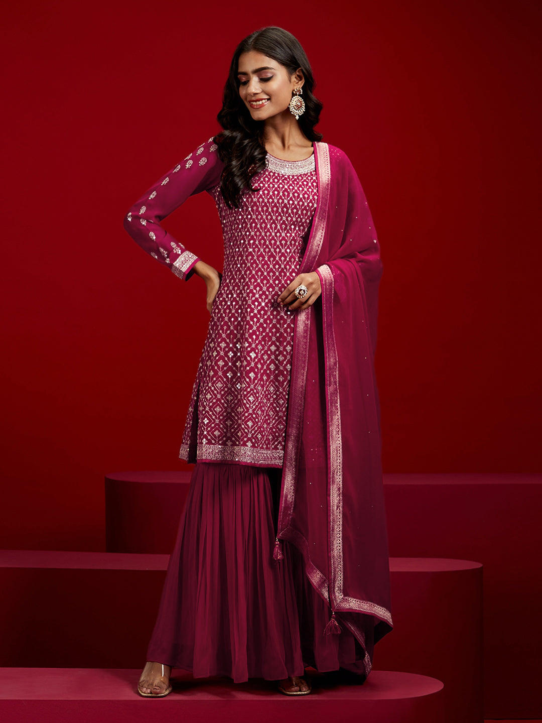  Libas Art Hot Pink Embroidered Georgette A-Line Sharara Suit Set With Dupatta 