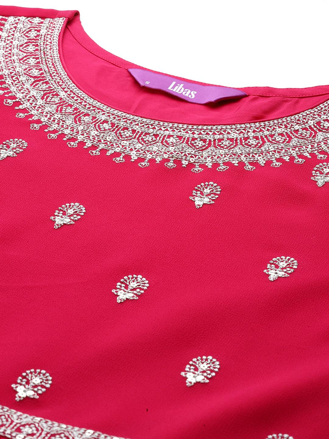 Hot Pink Embroidered Georgette A-Line Kurta With Palazzos & Dupatta - Libas 