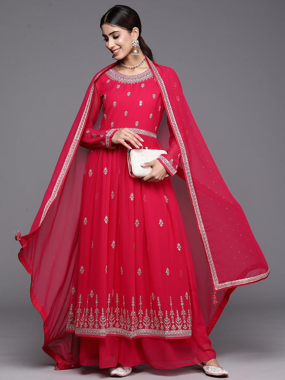 Hot Pink Embroidered Georgette A-Line Kurta With Palazzos & Dupatta - Libas