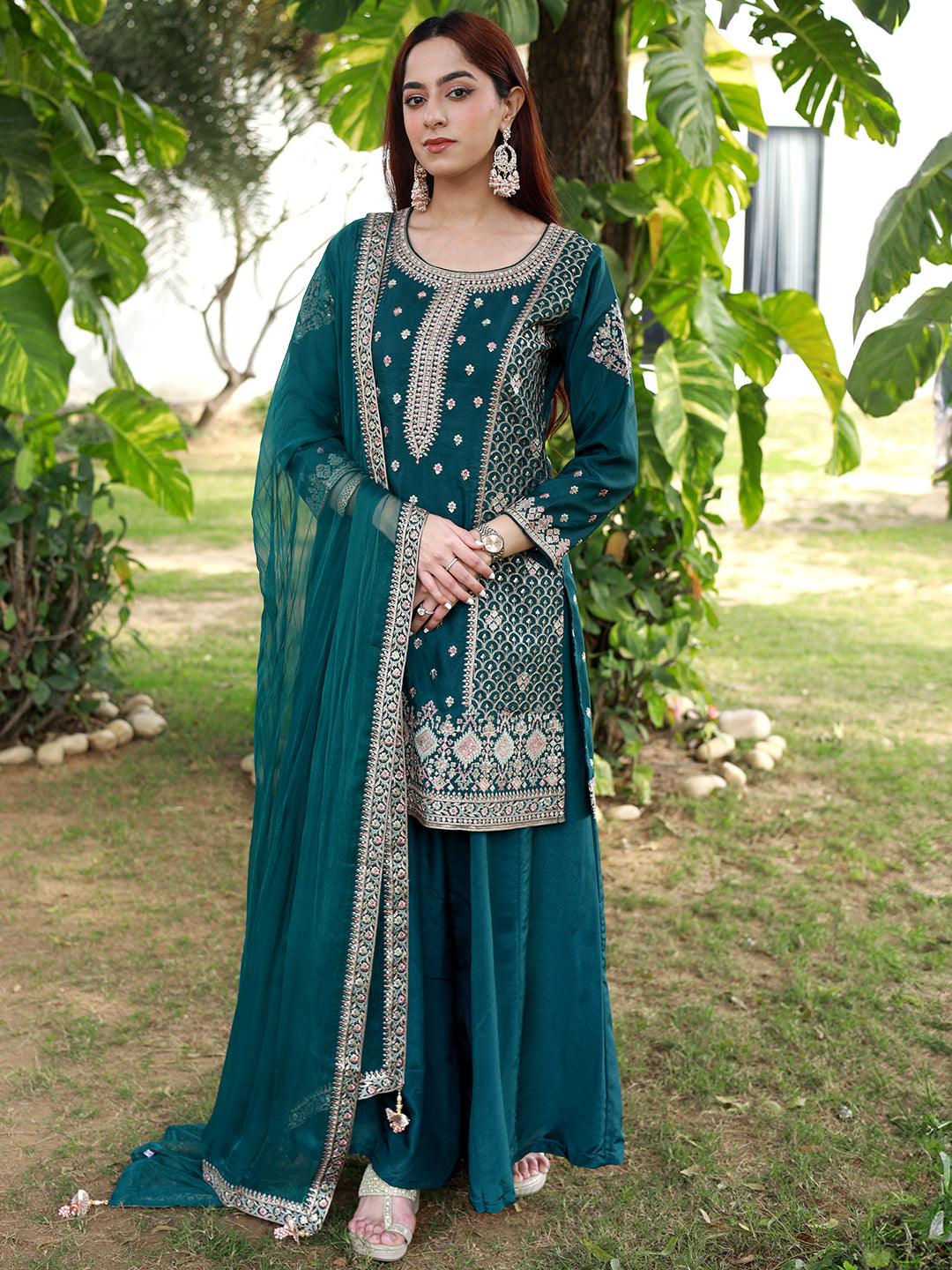 Libas Art Green Embroidered Silk Straight Suit With Dupatta - Libas 