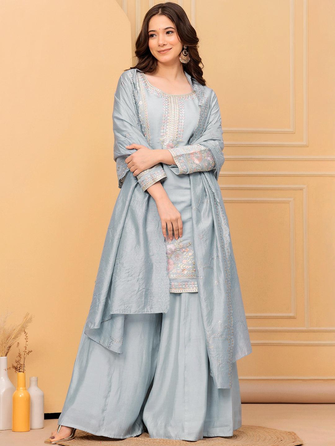 Libas Art Blue Embroidered Silk Blend Straight Suit With Dupatta - Libas 