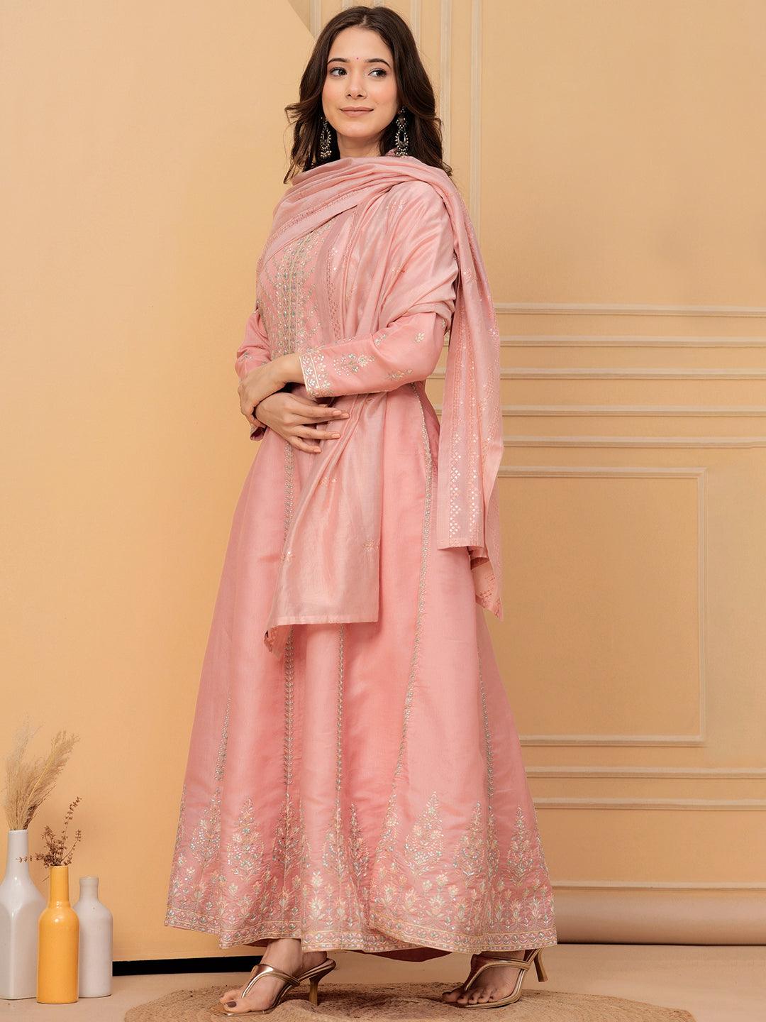 Libas Art Peach Embroidered Silk Blend A-Line Kurta With Trousers & Dupatta - Libas 