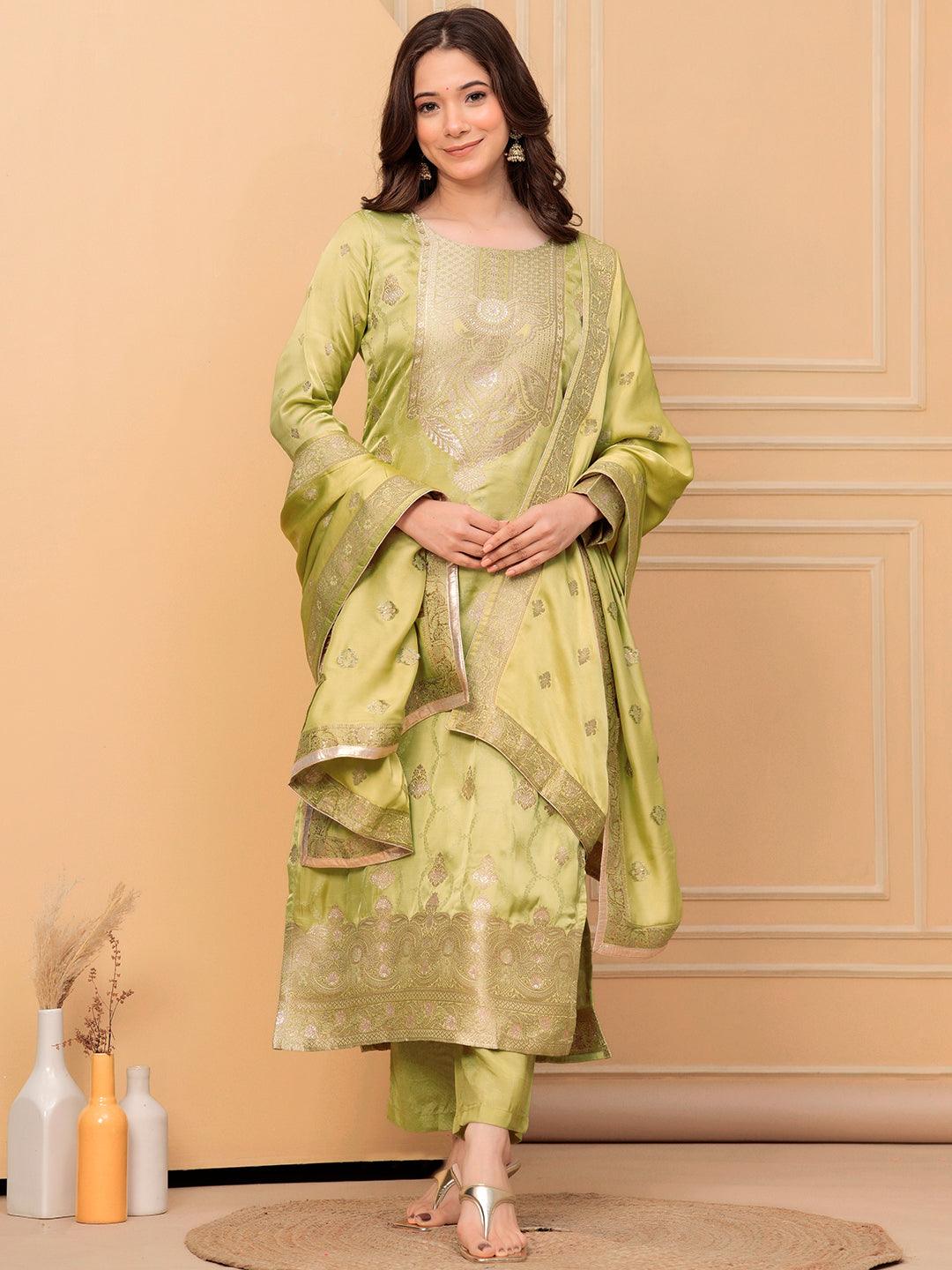 Libas Art Green Woven Design Silk Straight Suit With Dupatta - Libas