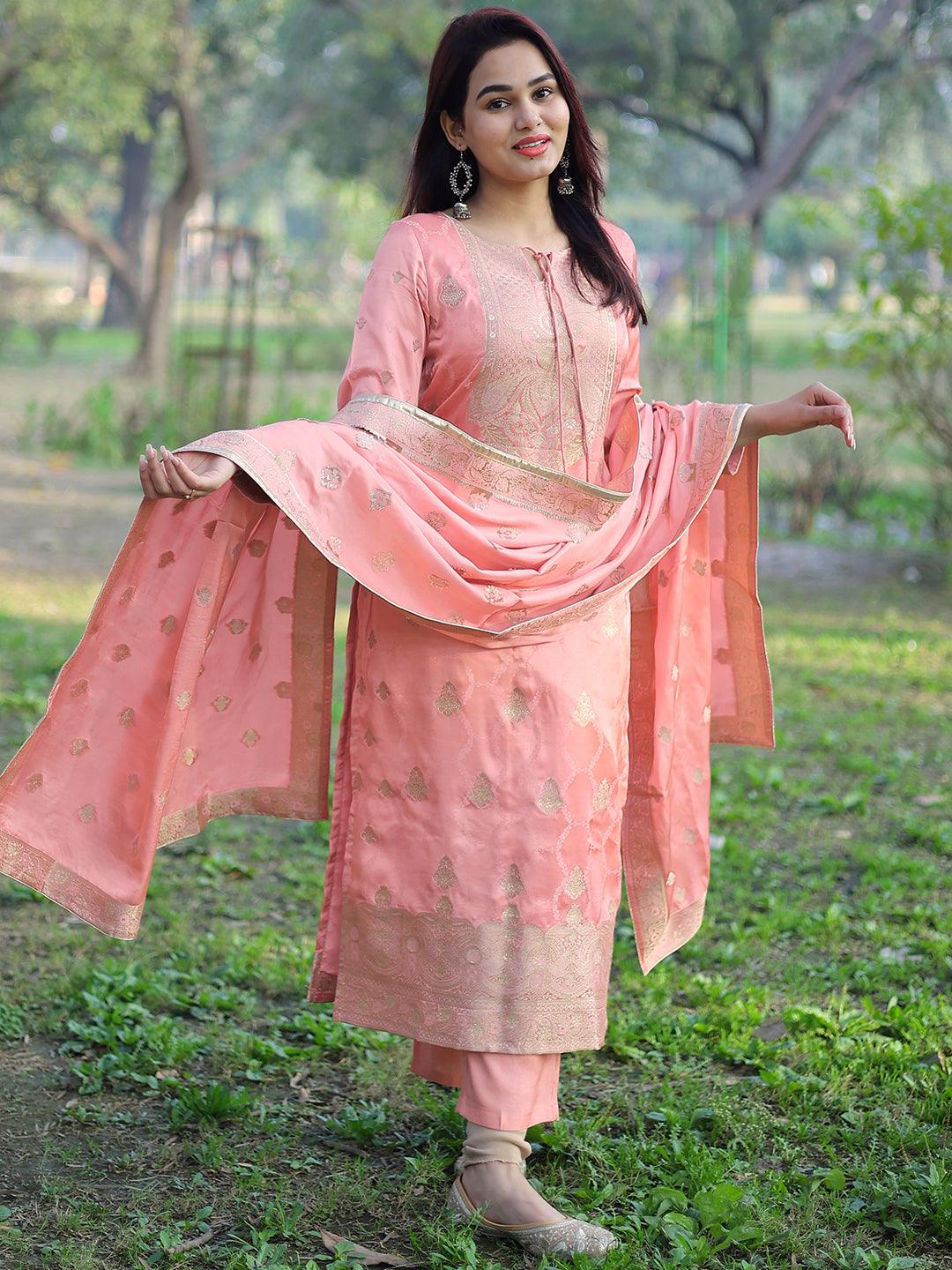 Libas Art Peach Woven Design Silk Straight Suit With Dupatta - Libas