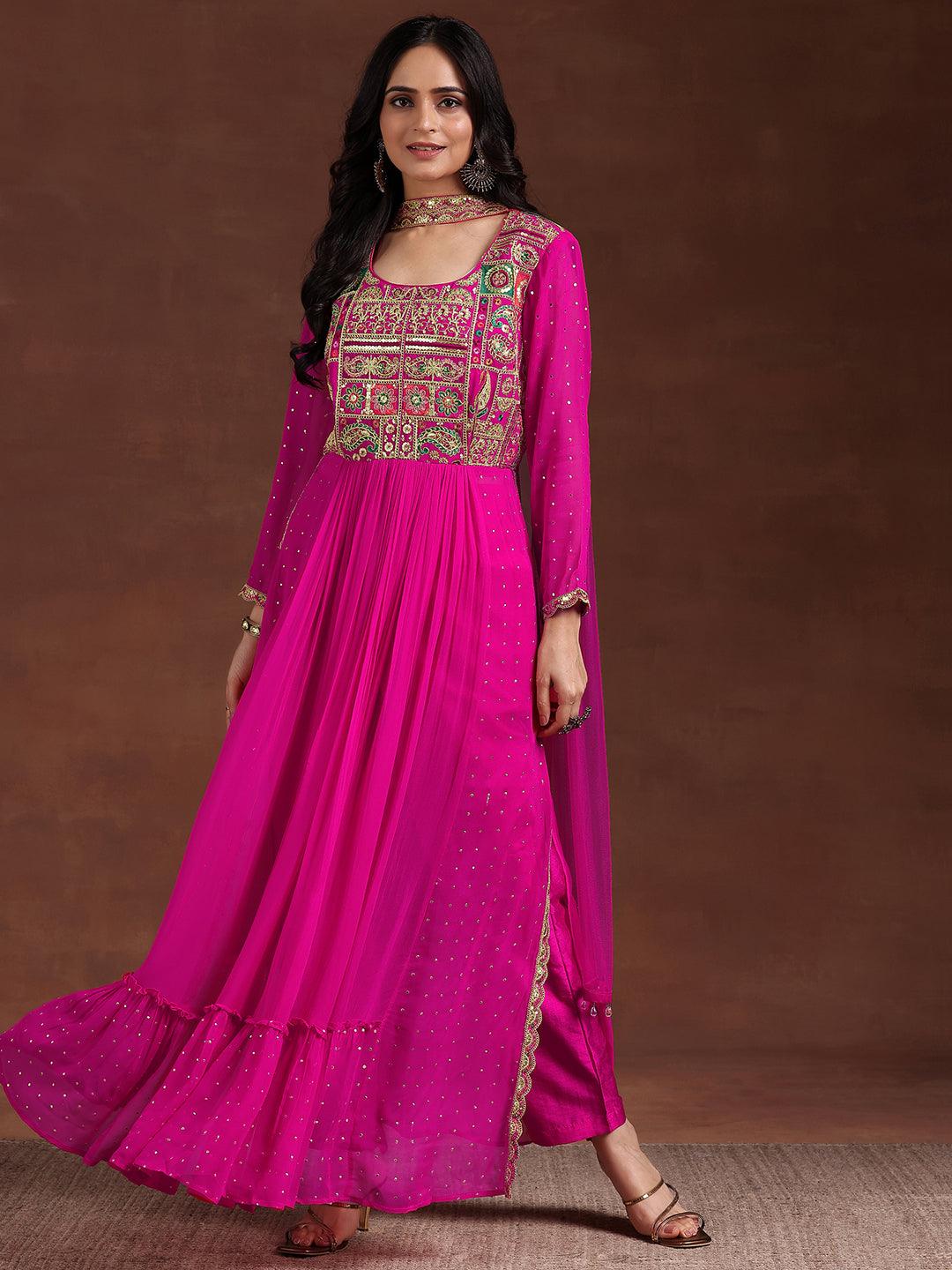 Libas Art Pink Yoke Design Georgette Anarkali Suit With Dupatta - Libas 