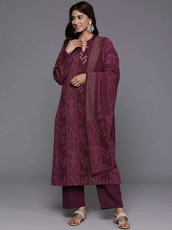 Maroon Self Design Wool Blend Straight Kurta With Trousers & Dupatta - Libas