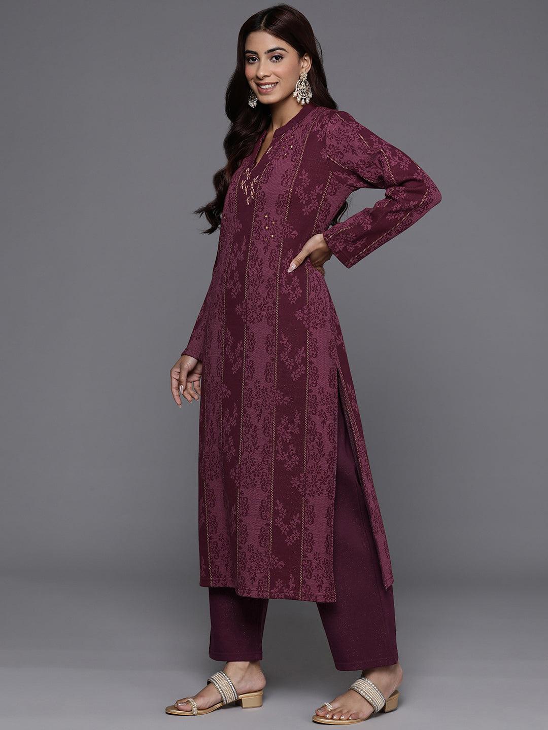 Maroon Self Design Wool Blend Straight Kurta With Trousers & Dupatta - Libas