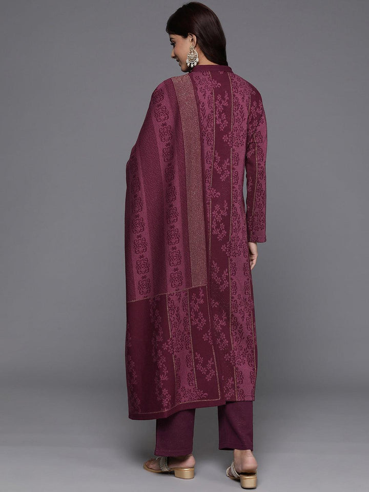 Maroon Self Design Wool Blend Straight Kurta With Trousers & Dupatta - Libas