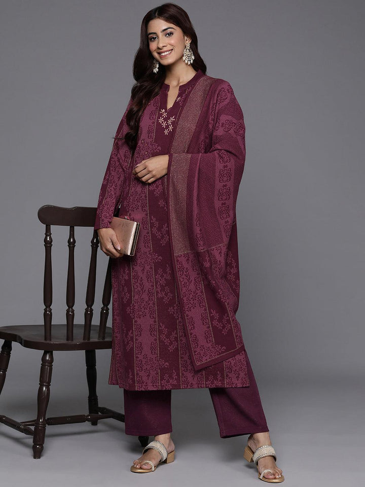 Maroon Self Design Wool Blend Straight Kurta With Trousers & Dupatta - Libas