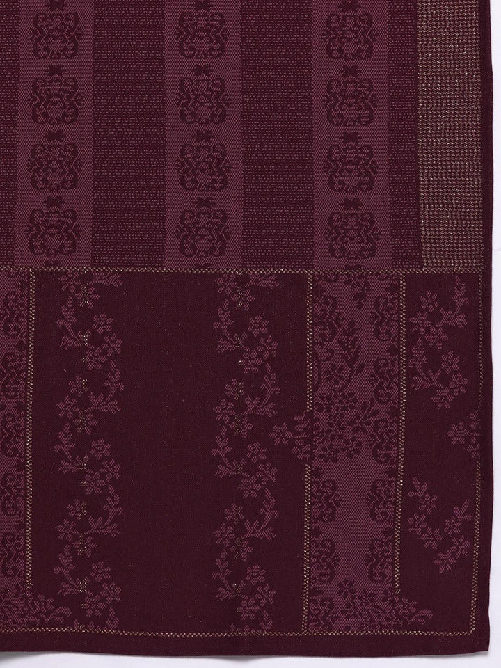 Maroon Self Design Wool Blend Straight Kurta With Trousers & Dupatta - Libas