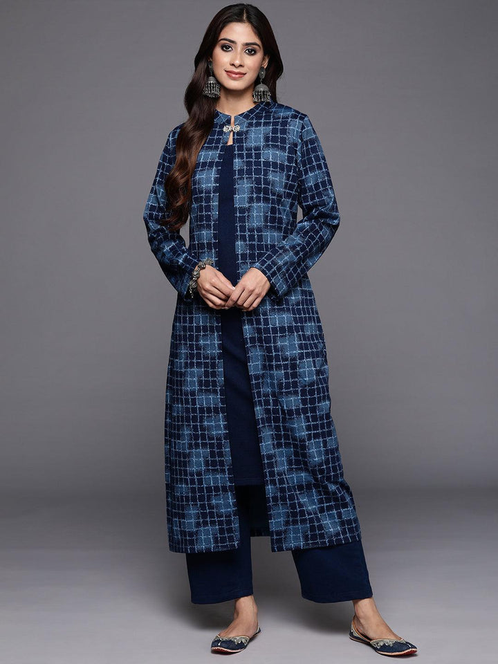 Blue Printed Wool Blend Straight Kurta Set - Libas