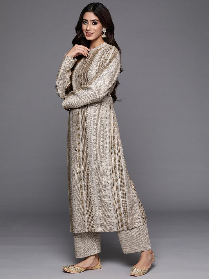 Beige Self Design Wool Blend A-Line Kurta With Trousers - Libas