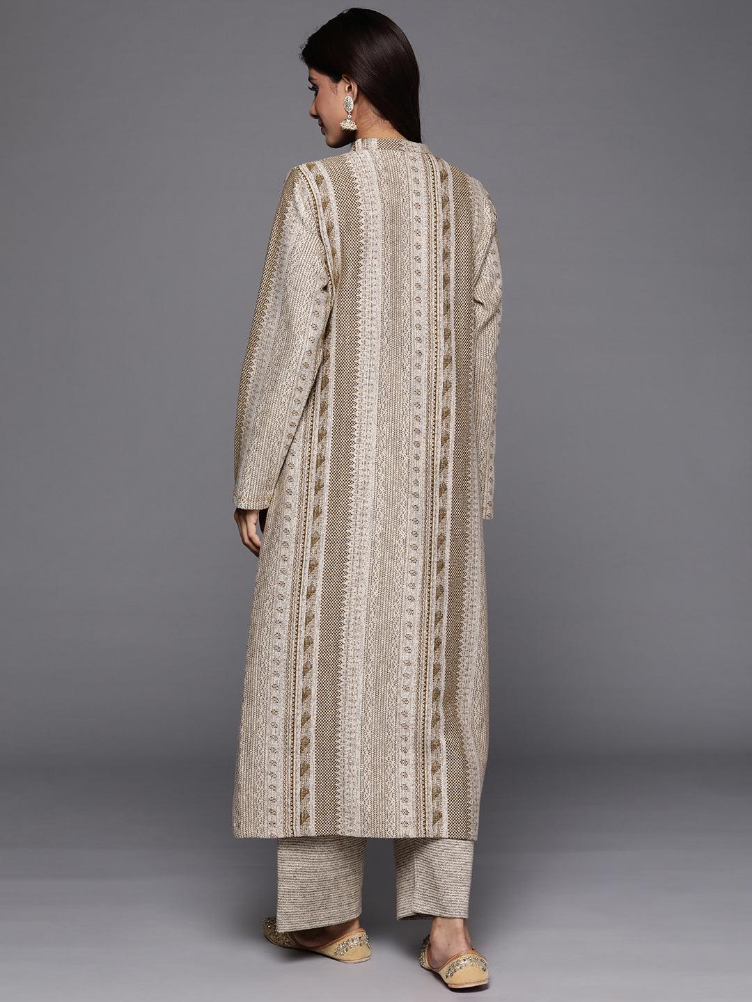 Beige Self Design Wool Blend A-Line Kurta With Trousers - Libas