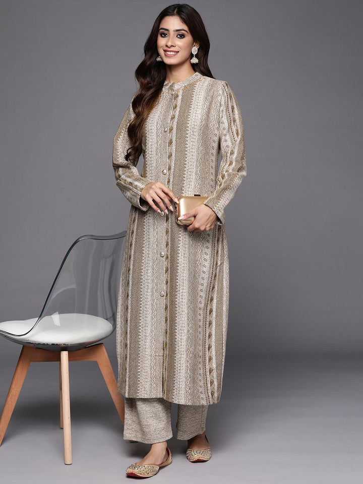 Beige Self Design Wool Blend A-Line Kurta With Trousers - Libas