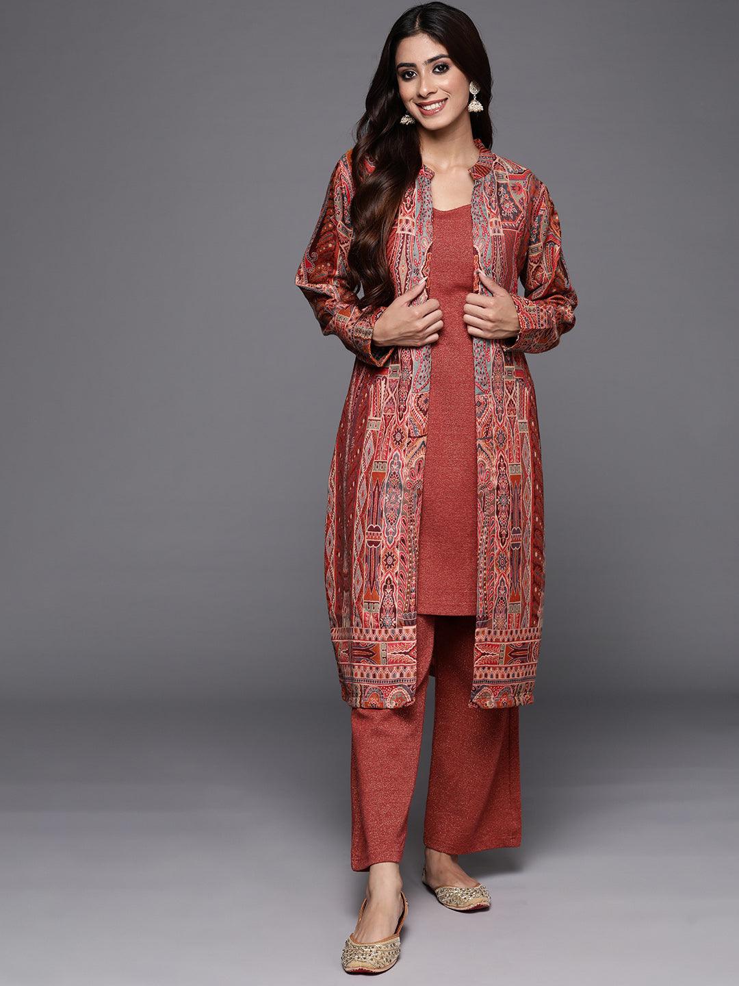 Rust Printed Wool Blend Straight Kurta With Trousers - Libas 