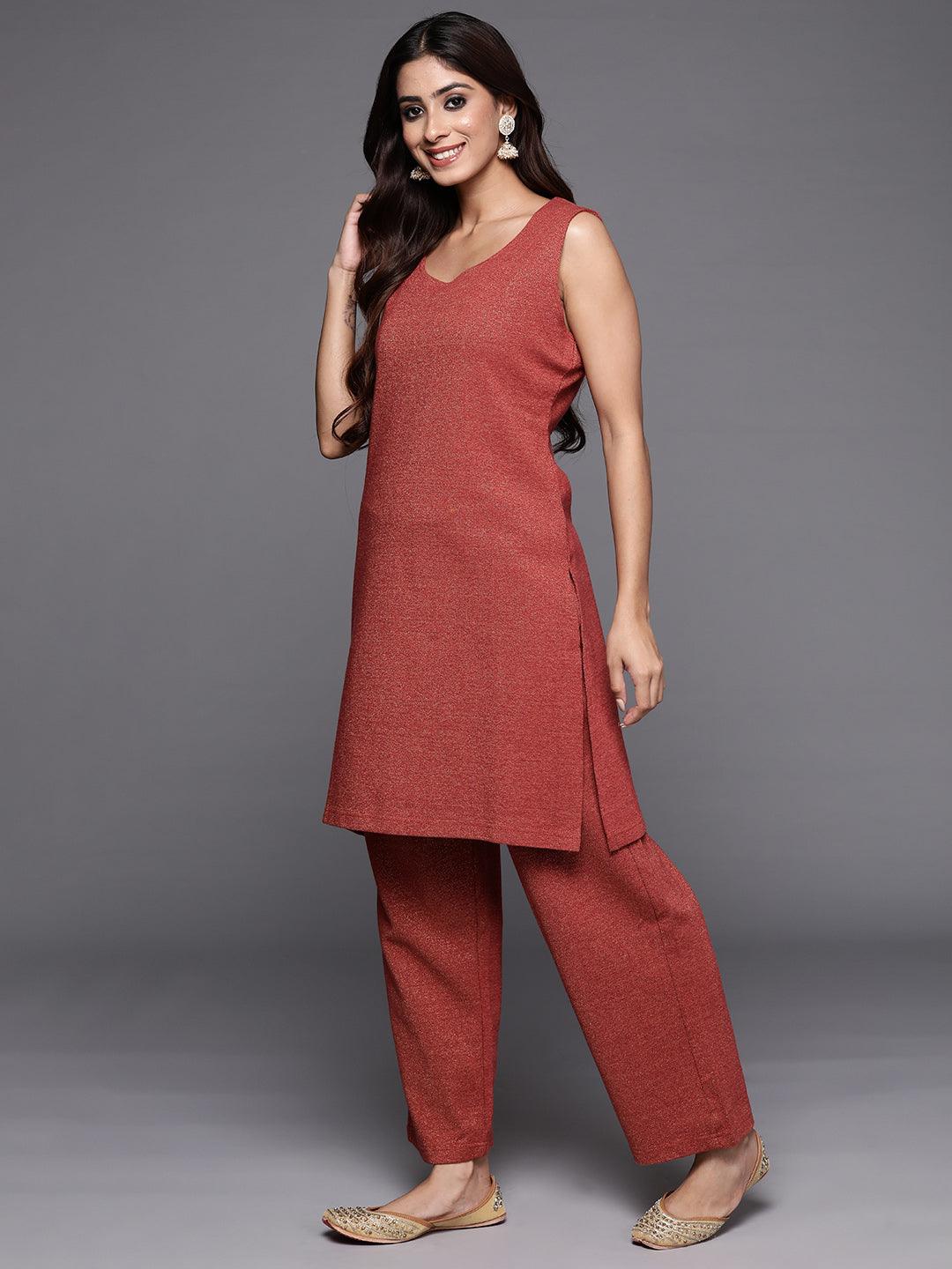 Rust Printed Wool Blend Straight Kurta With Trousers - Libas 