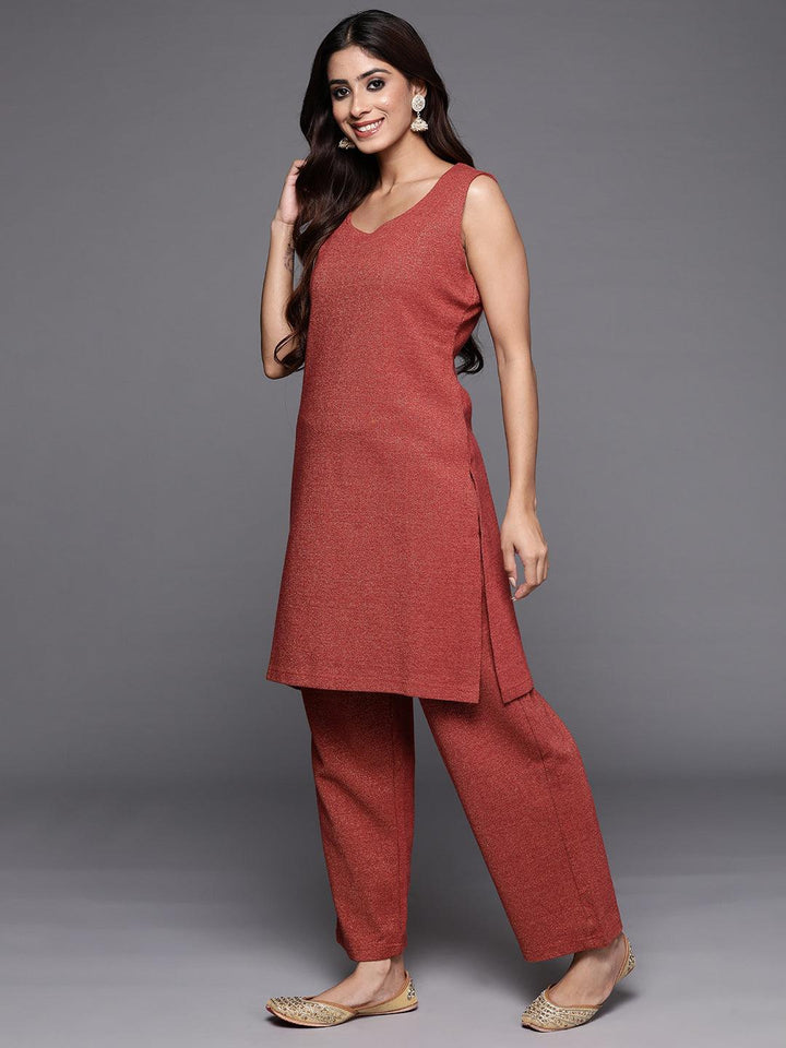 Rust Printed Wool Blend Straight Kurta With Trousers - Libas