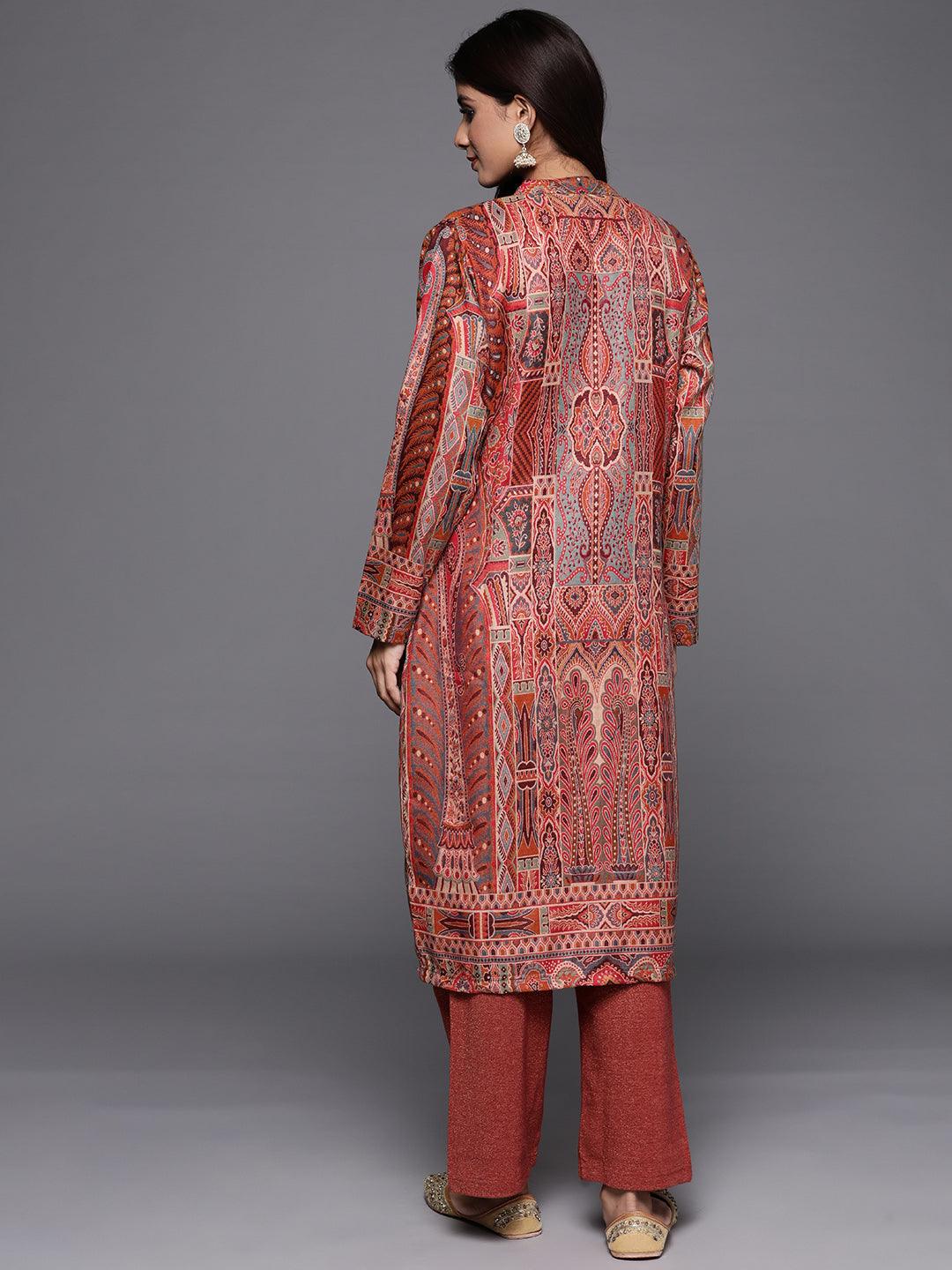 Rust Printed Wool Blend Straight Kurta With Trousers - Libas 