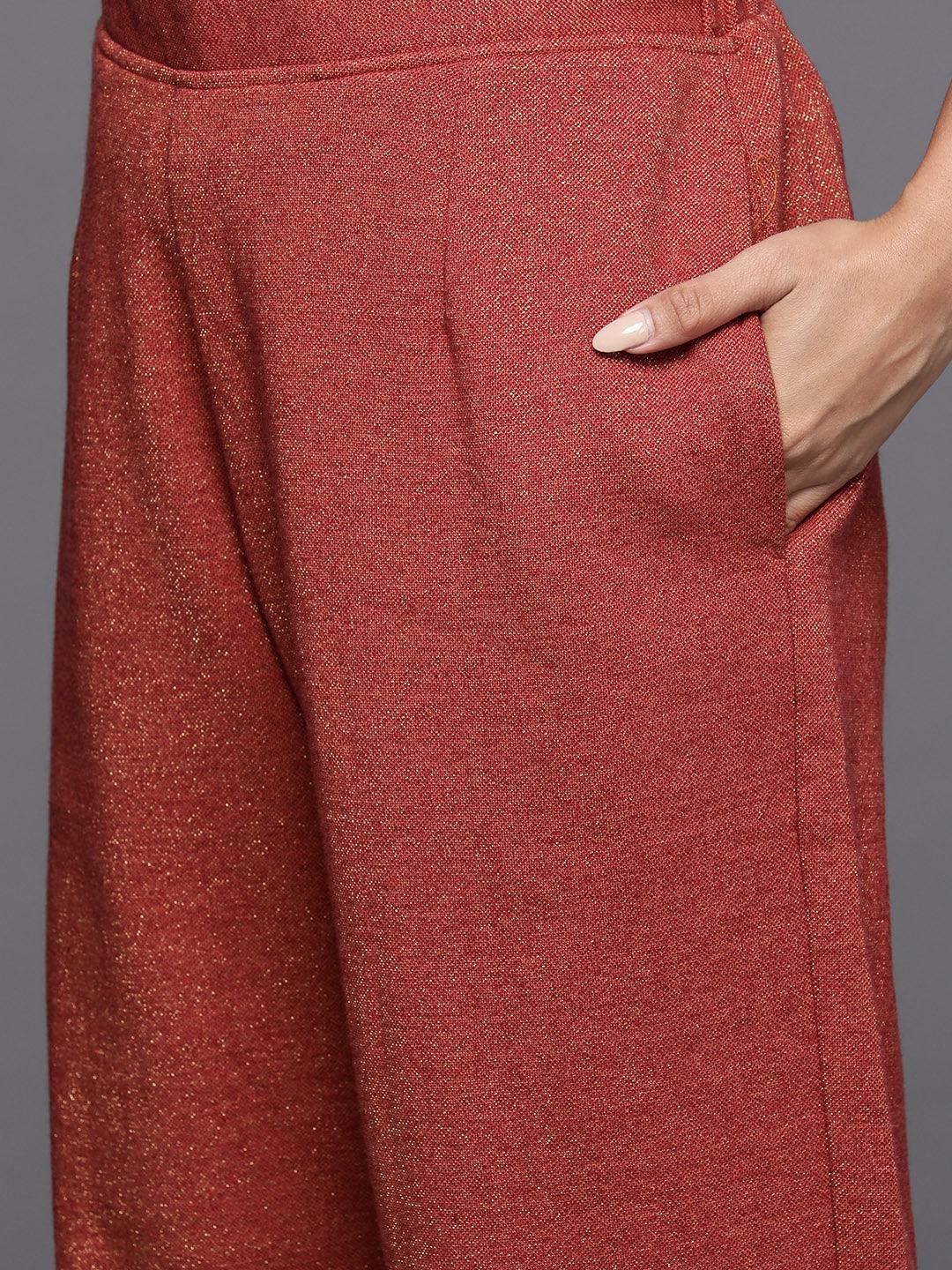 Rust Printed Wool Blend Straight Kurta With Trousers - Libas 