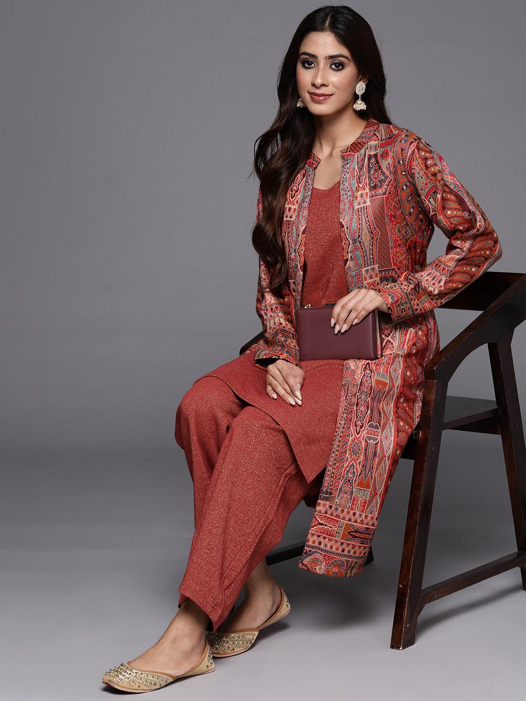 Rust Printed Wool Blend Straight Kurta With Trousers - Libas