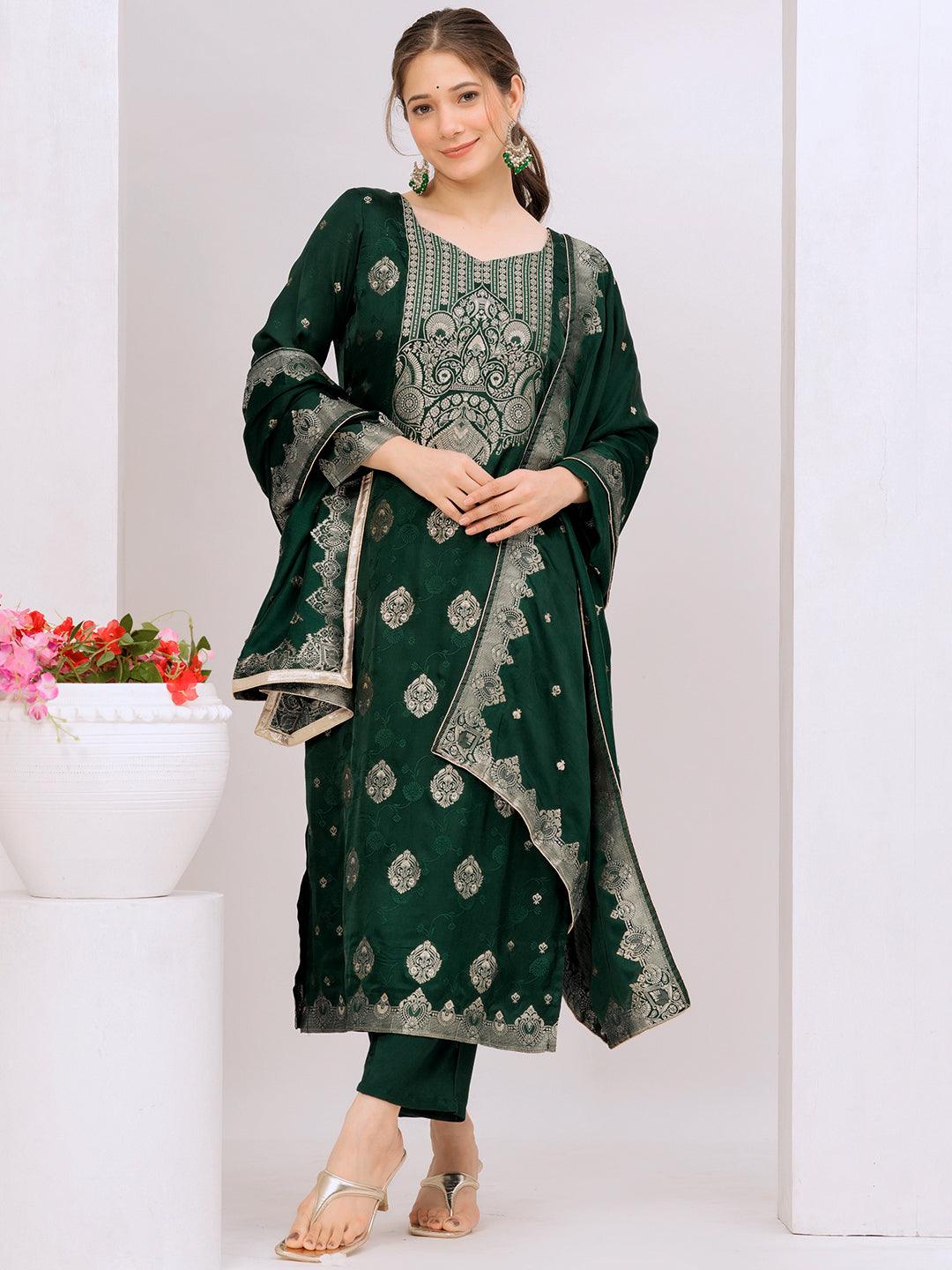 Libas Art Green Embroidered Silk Straight Suit With Dupatta - Libas 