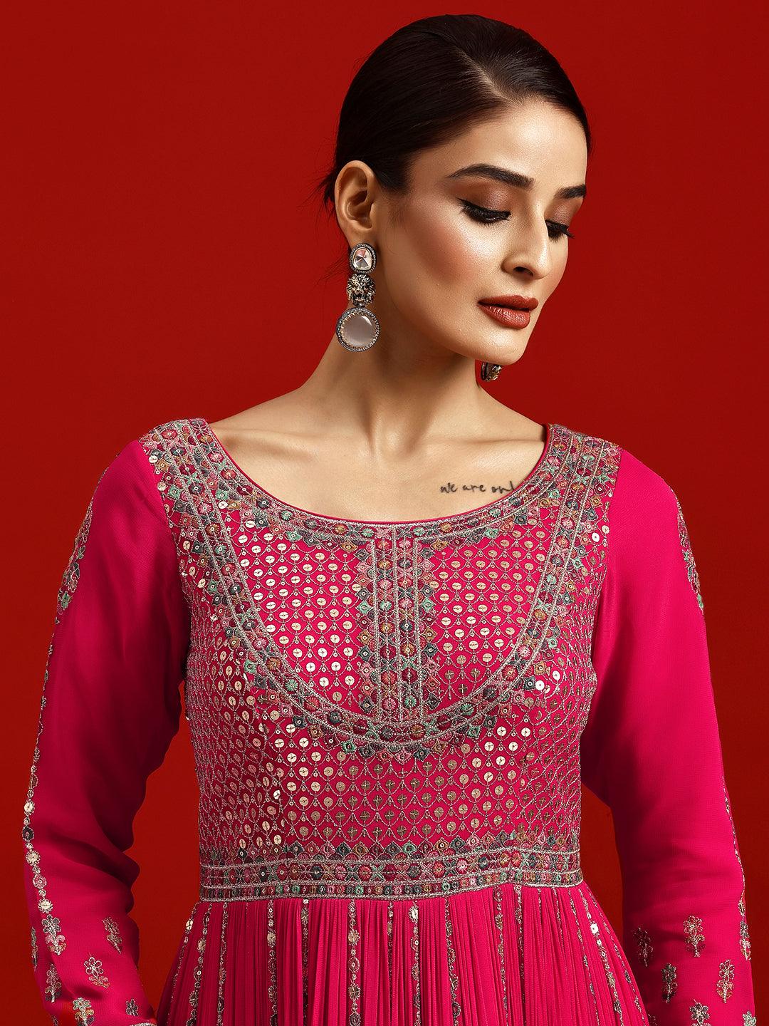 Buy Libas Art Pink Embroidered Georgette A-Line Kurta With Trousers ...