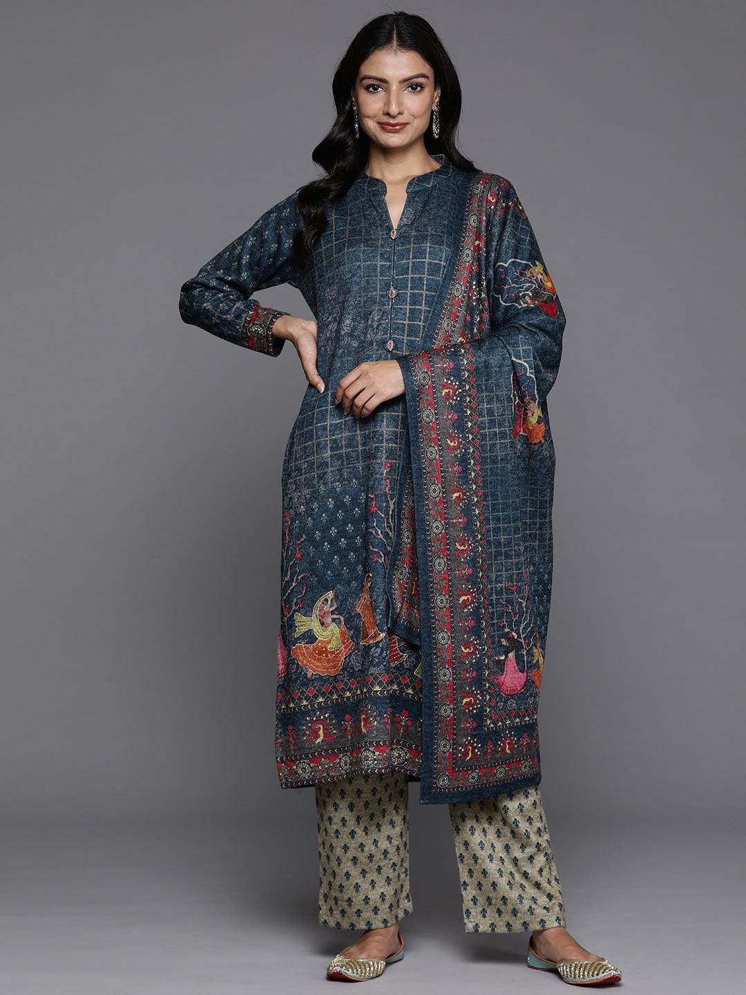 Blue Printed Wool Blend Straight Suit With Dupatta - Libas