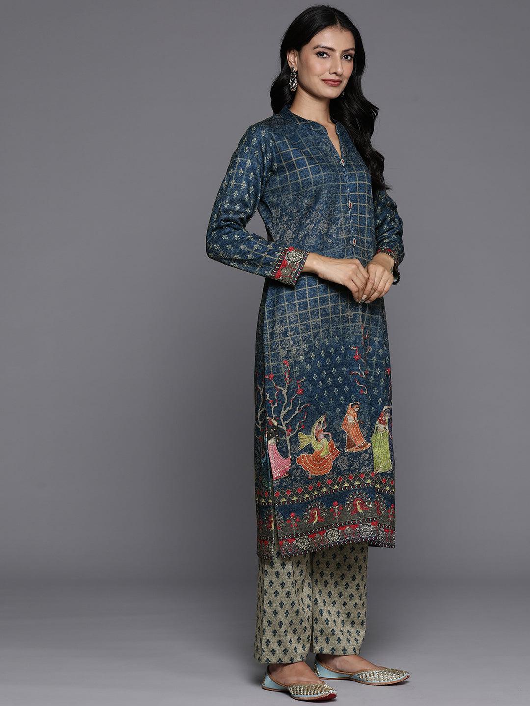 Blue Printed Wool Blend Straight Suit With Dupatta - Libas