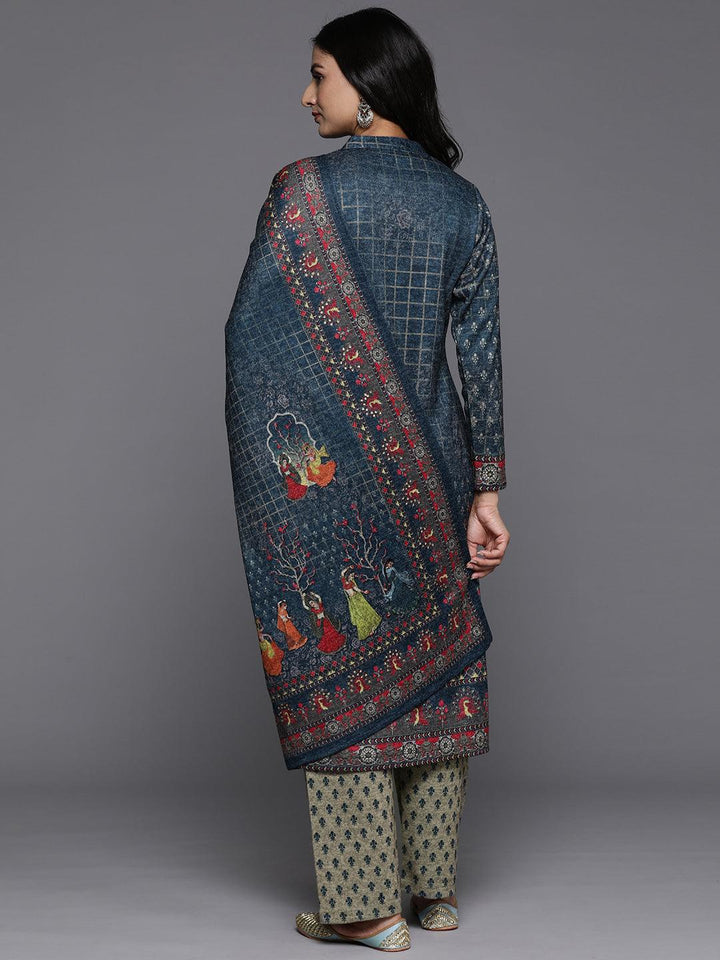 Blue Printed Wool Blend Straight Suit With Dupatta - Libas