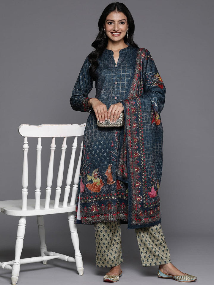 Blue Printed Wool Blend Straight Suit With Dupatta - Libas