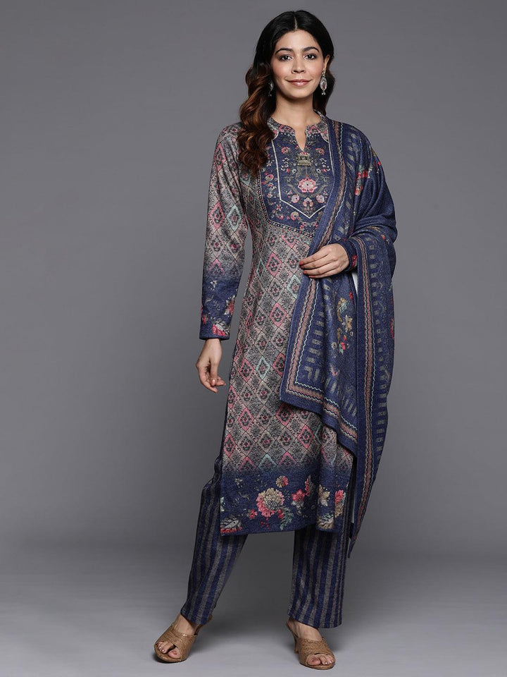 Multicoloured Printed Wool Blend Straight Suit With Dupatta - Libas