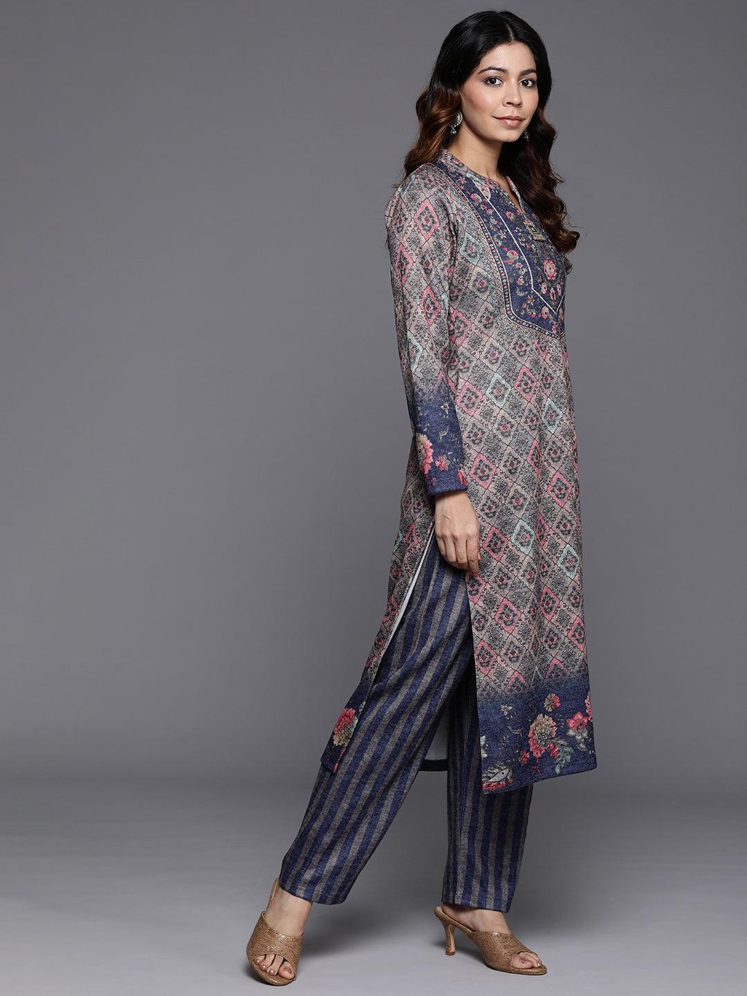 Multicoloured Printed Wool Blend Straight Suit With Dupatta - Libas