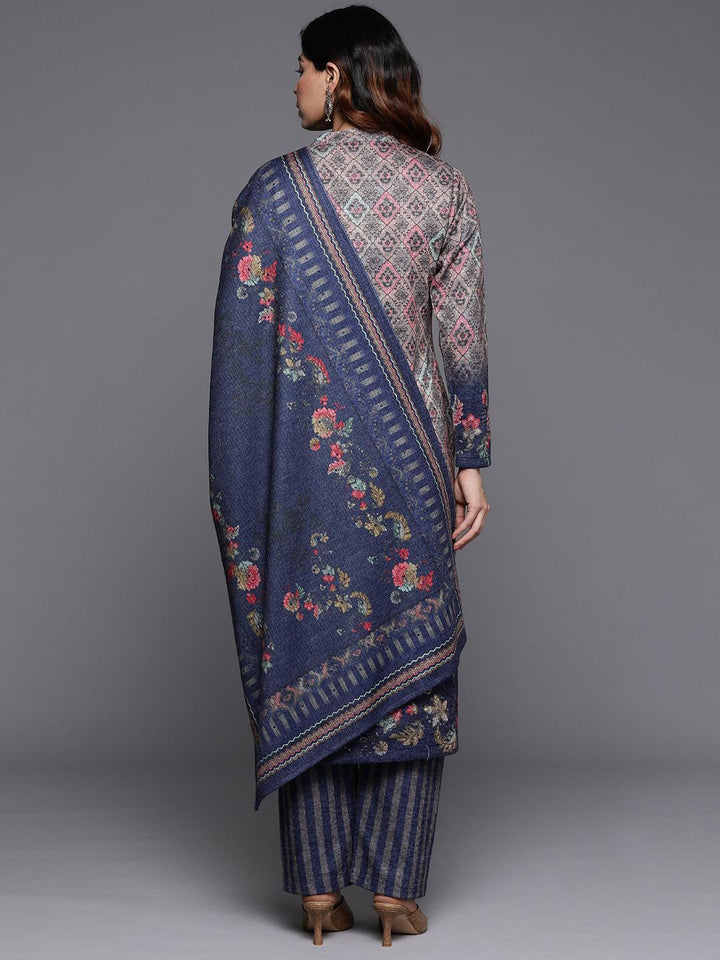 Multicoloured Printed Wool Blend Straight Suit With Dupatta - Libas