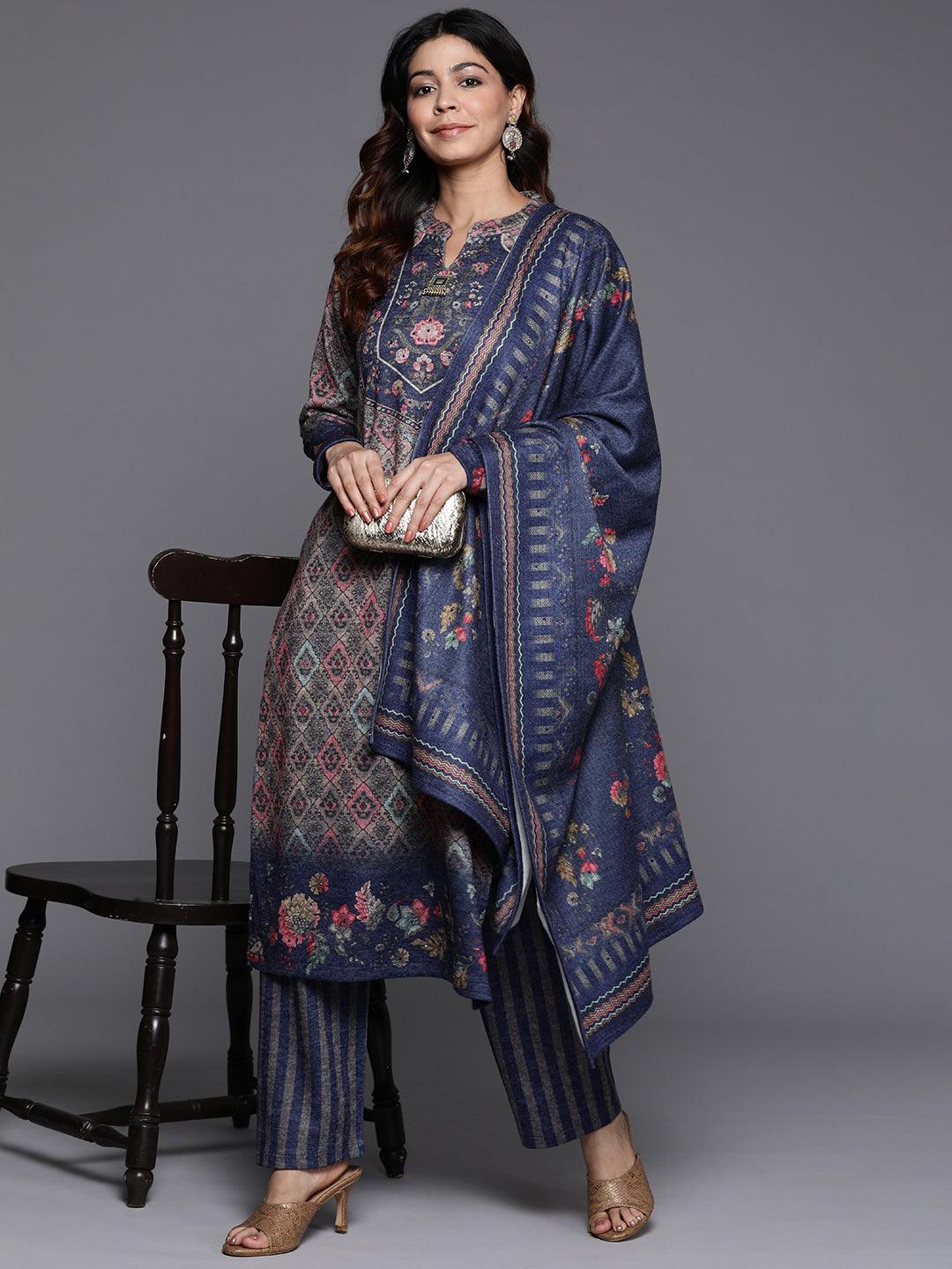 Multicoloured Printed Wool Blend Straight Suit With Dupatta - Libas