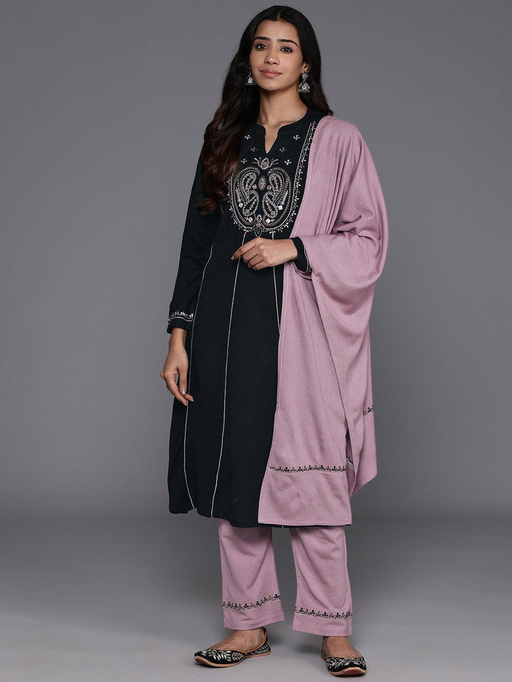 Black Yoke Design Wool Blend A-Line Kurta With Palazzos & Dupatta - Libas