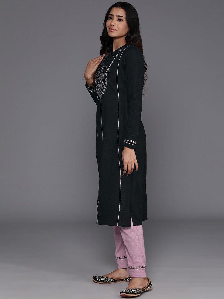 Black Yoke Design Wool Blend A-Line Kurta With Palazzos & Dupatta - Libas