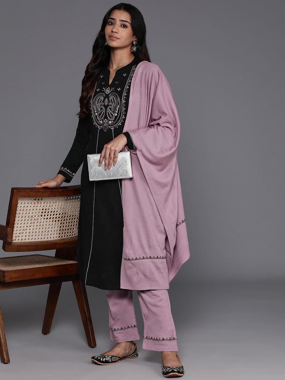 Black Yoke Design Wool Blend A-Line Kurta With Palazzos & Dupatta - Libas