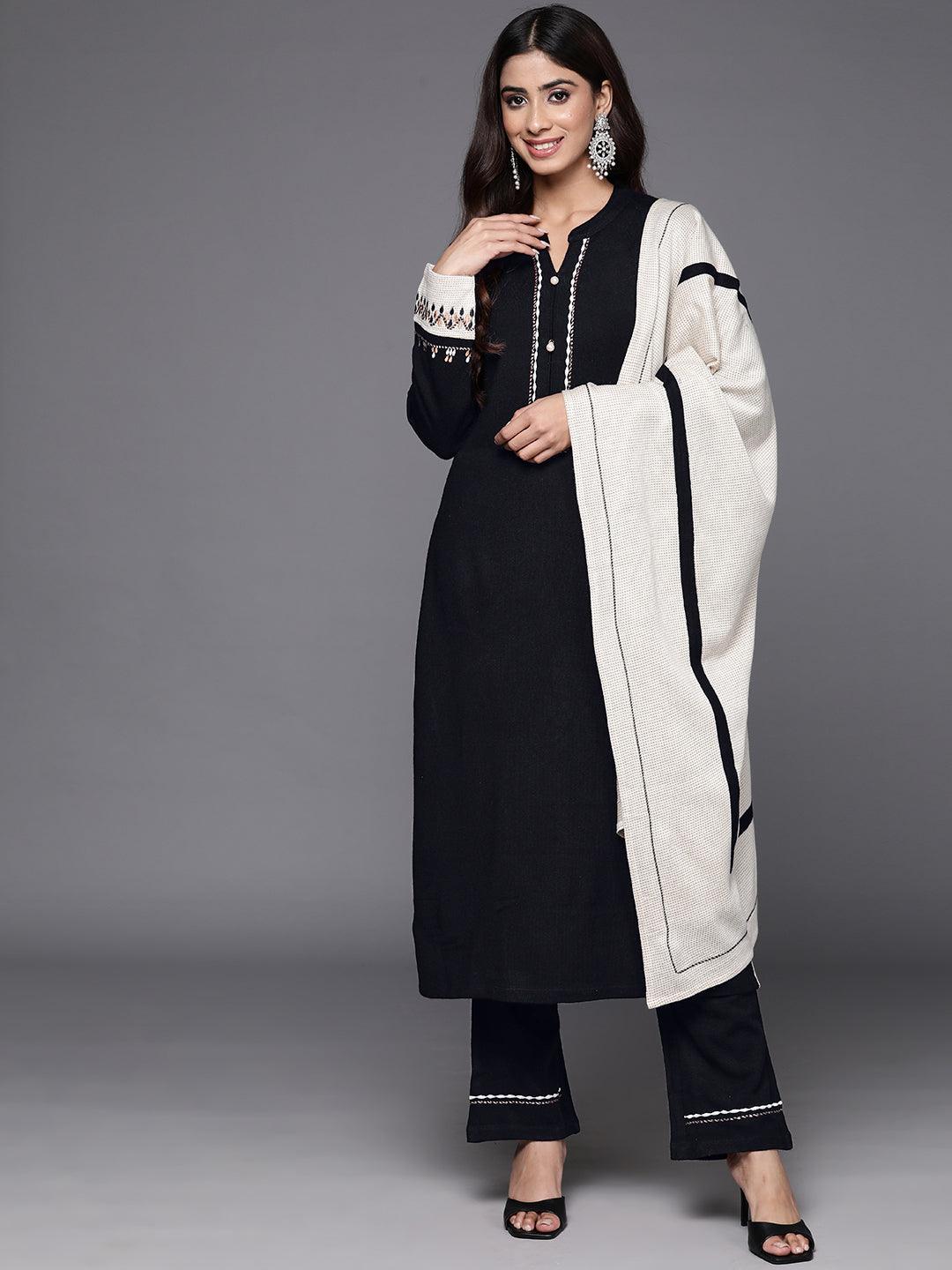 Black Yoke Design Wool Blend Straight Kurta With Palazzos & Dupatta - Libas