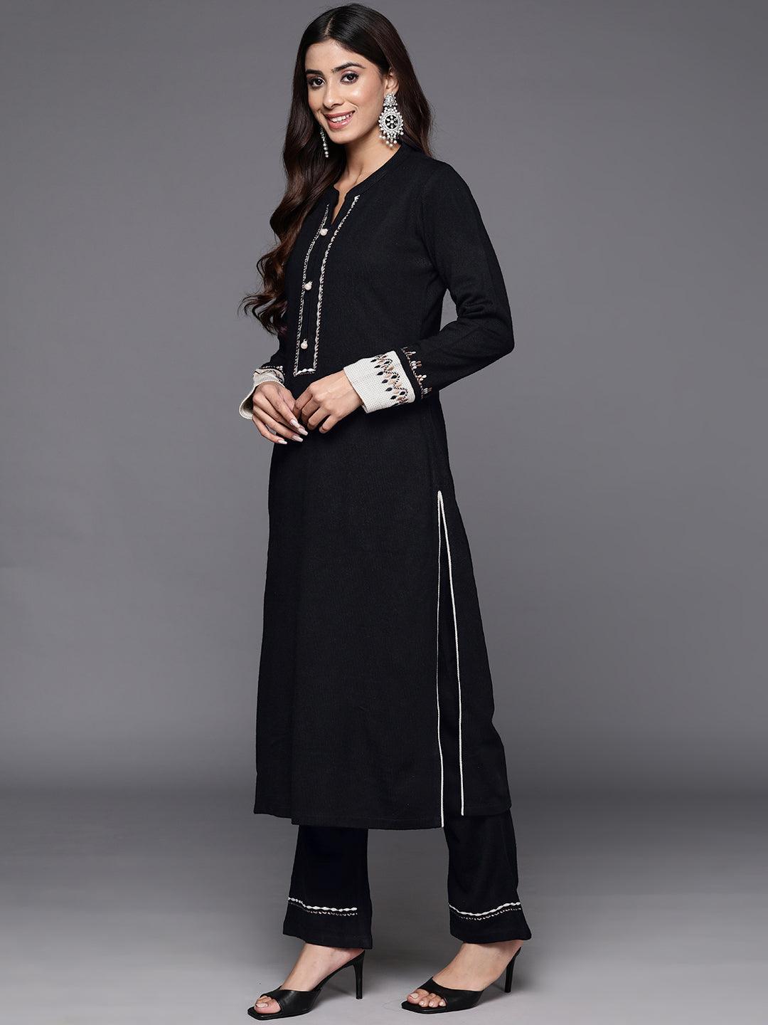 Black Yoke Design Wool Blend Straight Kurta With Palazzos & Dupatta - Libas