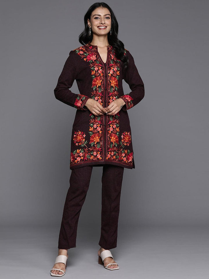 Wine Embroidered Wool Straight Kurta Set - Libas