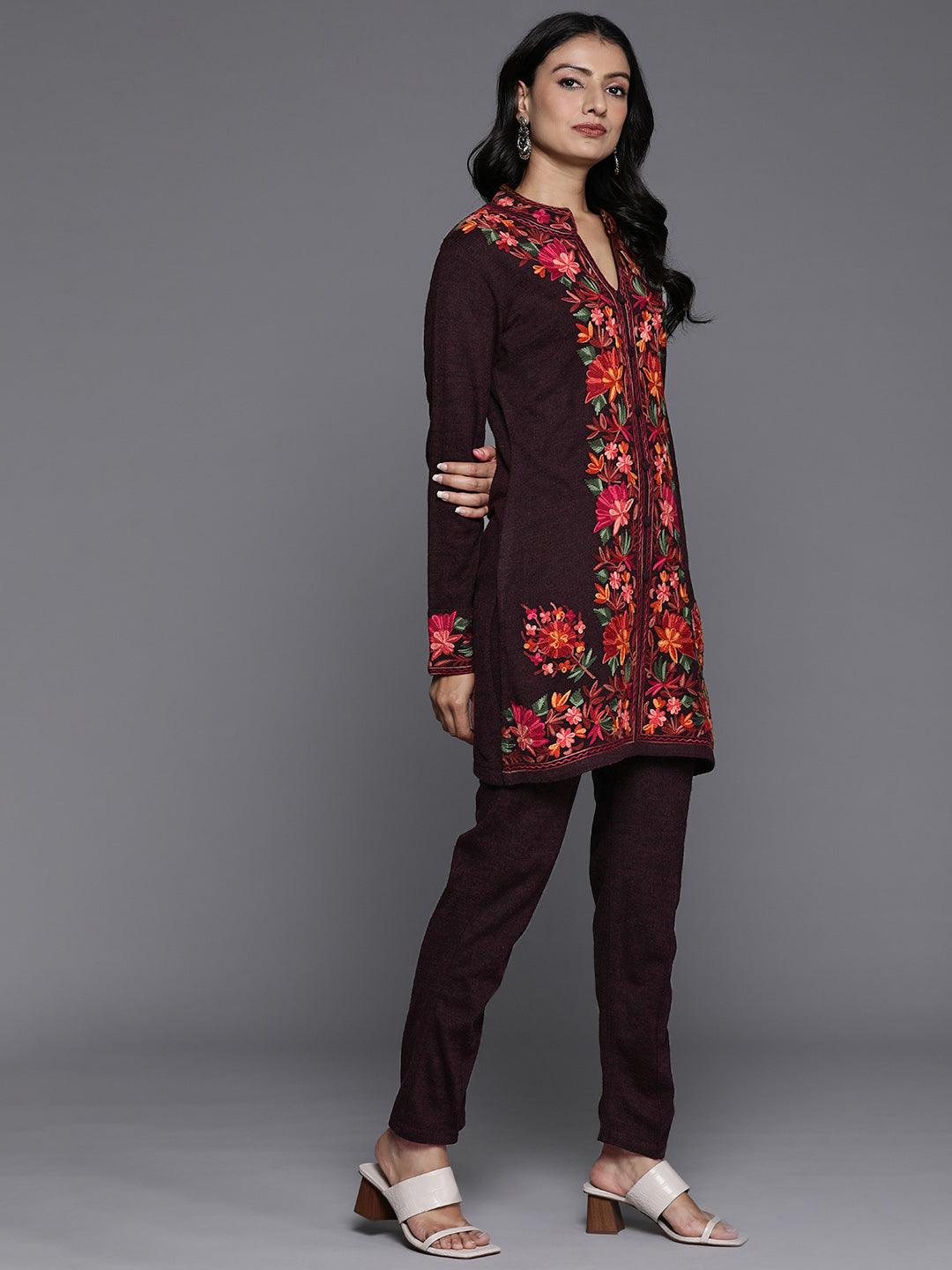 Wine Embroidered Wool Straight Kurta Set - Libas