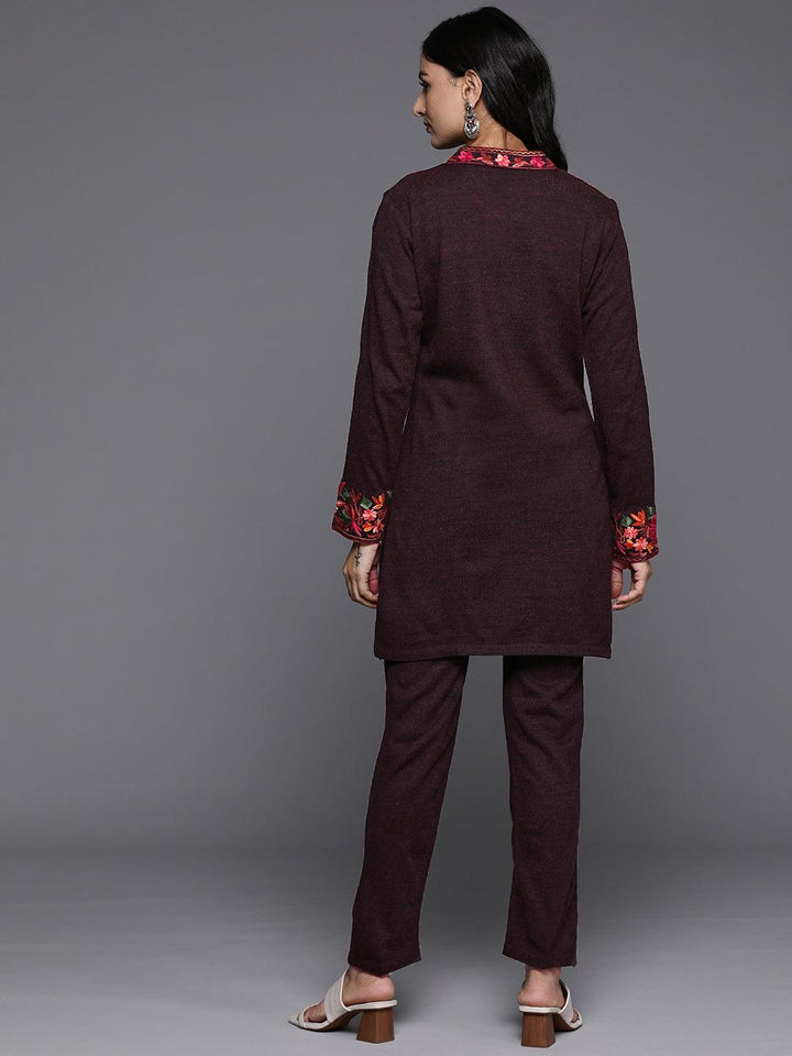 Wine Embroidered Wool Straight Kurta Set - Libas