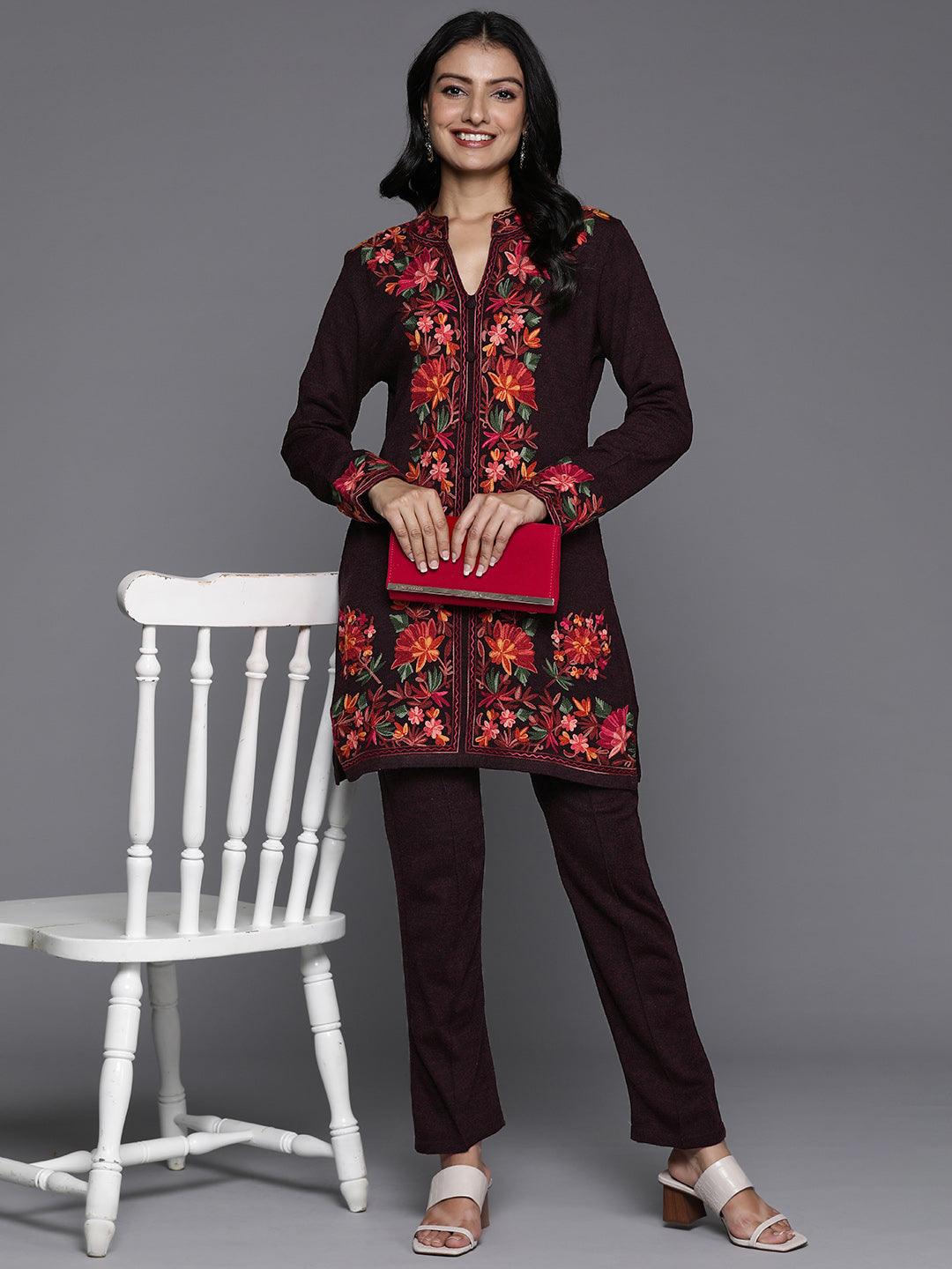 Wine Embroidered Wool Straight Kurta Set - Libas