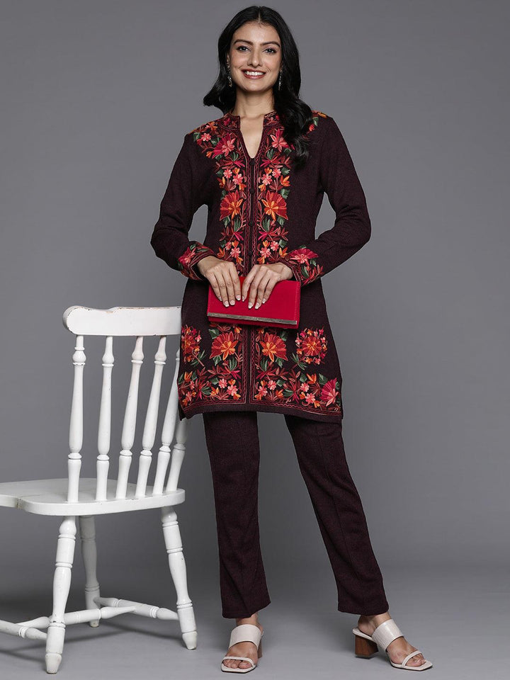 Wine Embroidered Wool Straight Kurta Set - Libas