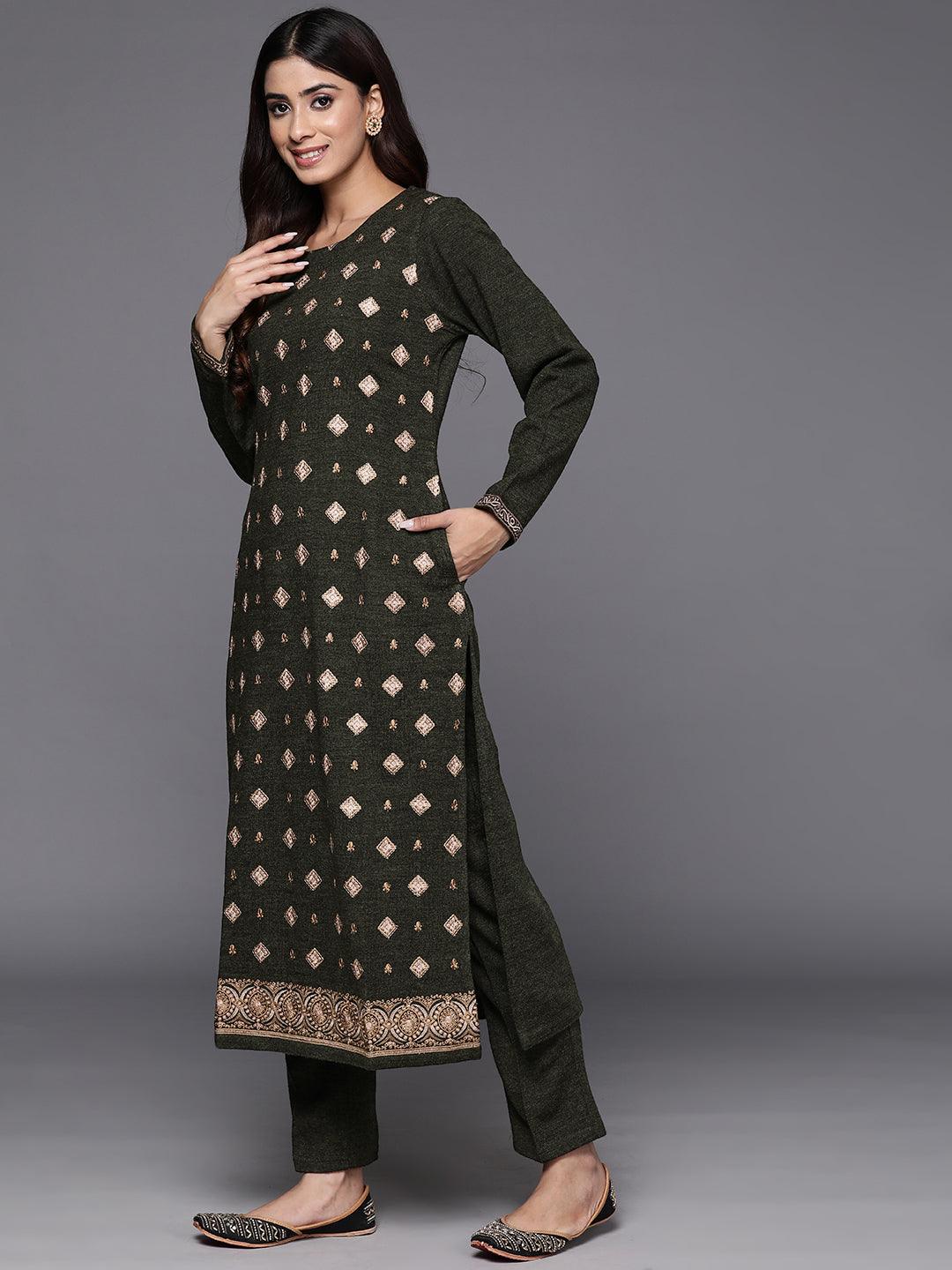 Olive Embroidered Wool Straight Kurta With Trousers - Libas