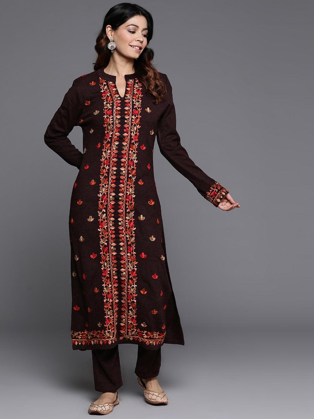 Wine Embroidered Wool Straight Kurta Set - Libas